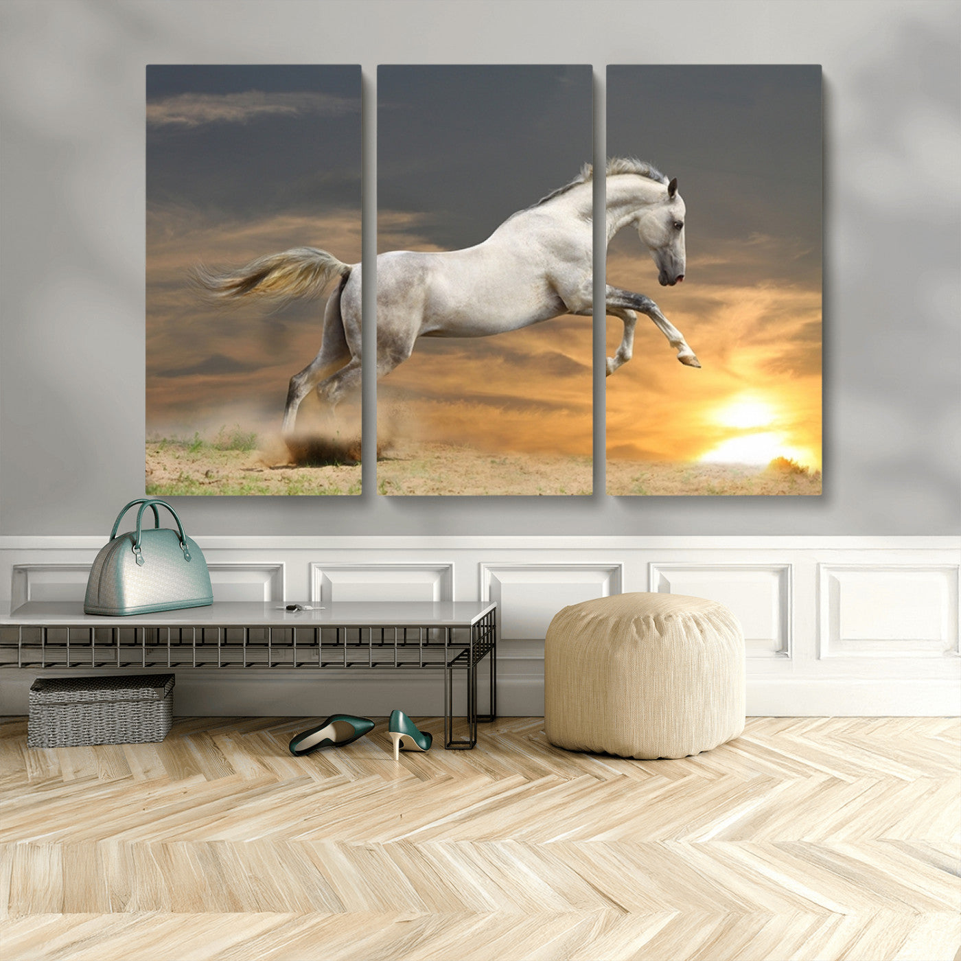 MGV-CV-48X32-3P - Large Wall Art Animal Canvas Print - White Jumping Horse at Sunset