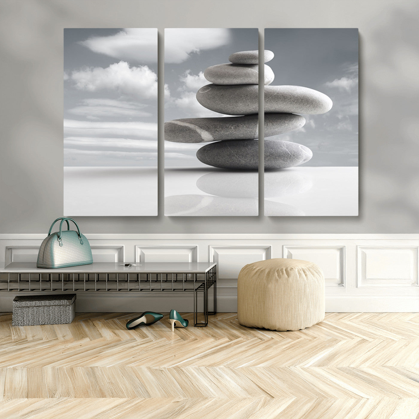 MGV-CV-48X32-3P - Still Life Black and White Zen Stones Wall Art Canvas, Framed Black and White Zen Stones Canvas
