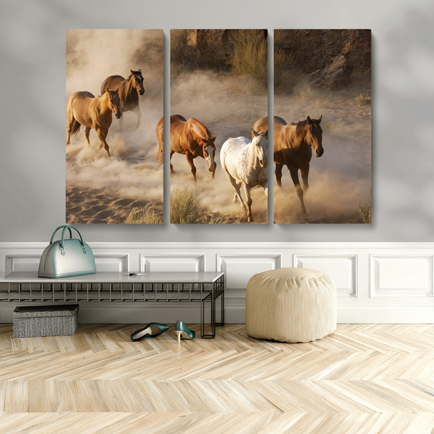 MGV-CV-48X32-3P - Large Wall Art 5 Horses Running on Sand Canvas Print