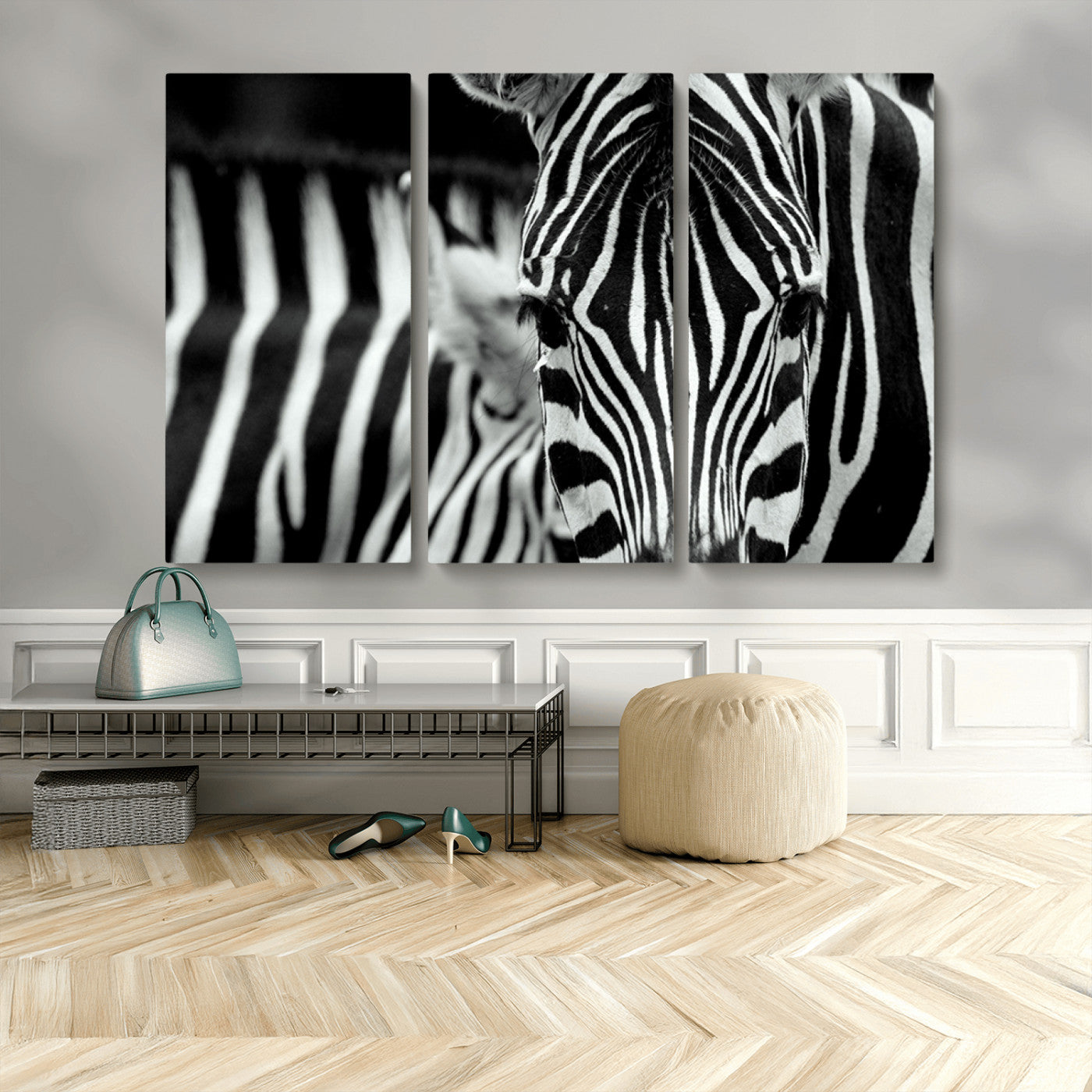 MGV-CV-48X32-3P - Zebra Wall Art – Close Up Black and White Animal Print, Bold Safari Decor for Living Room, Office, or Bedroom