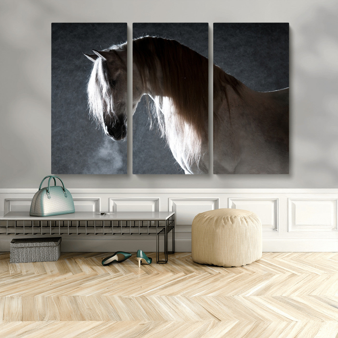 MGV-CV-48X32-3P - Large Wall Art Cream Colored Horse on Grey Background Canvas Print