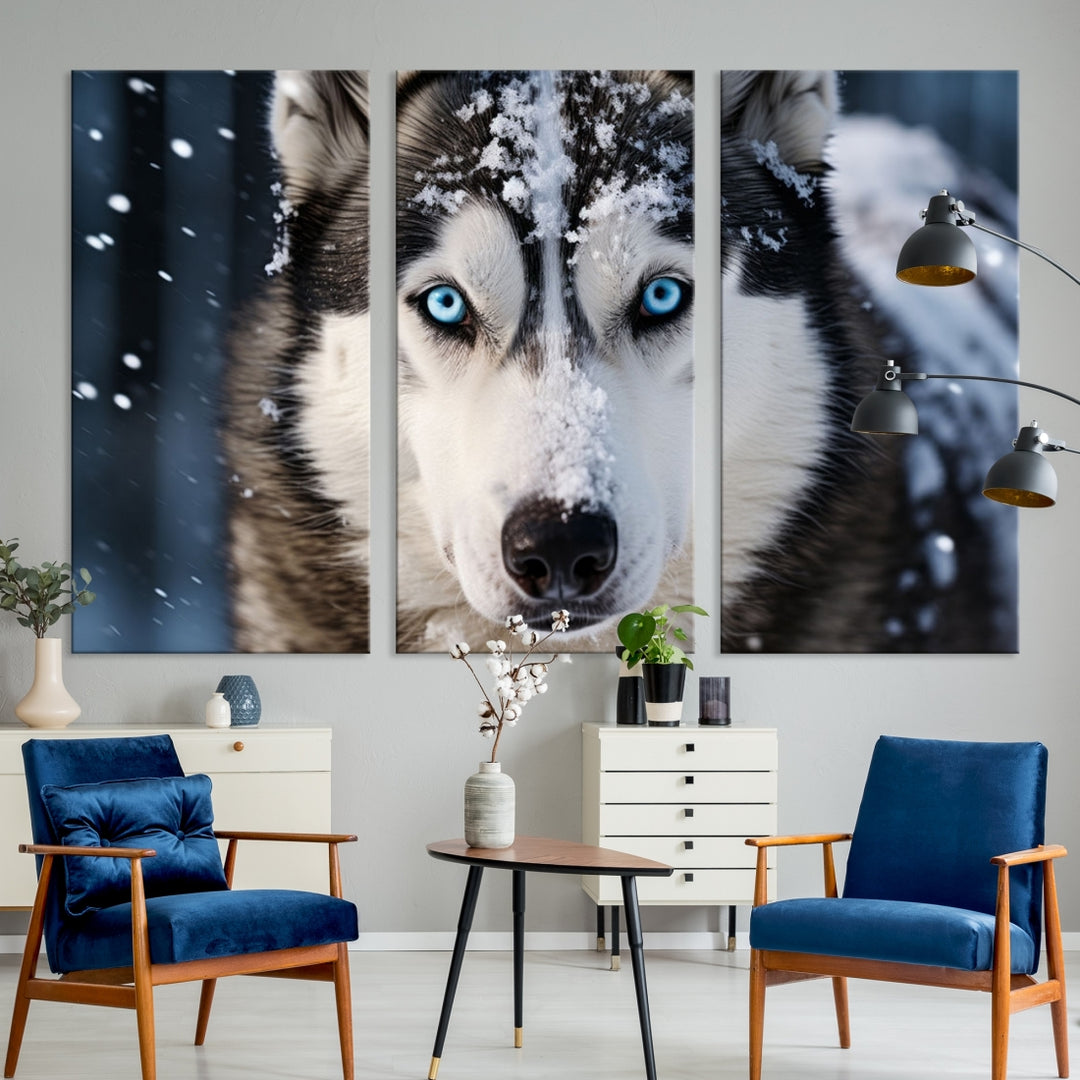 Art mural de loup Husky sibérien d'hiver Impression sur toile