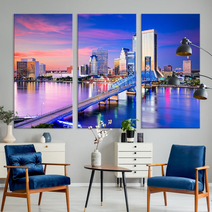 The Jacksonville Wall Art Canvas Print, showcasing the Jacksonville cityscape over a river at sunset, is elegantly crafted on museum-quality canvas with a UV-protective coating. Ready to hang, it elevates your space with its sophisticated charm.