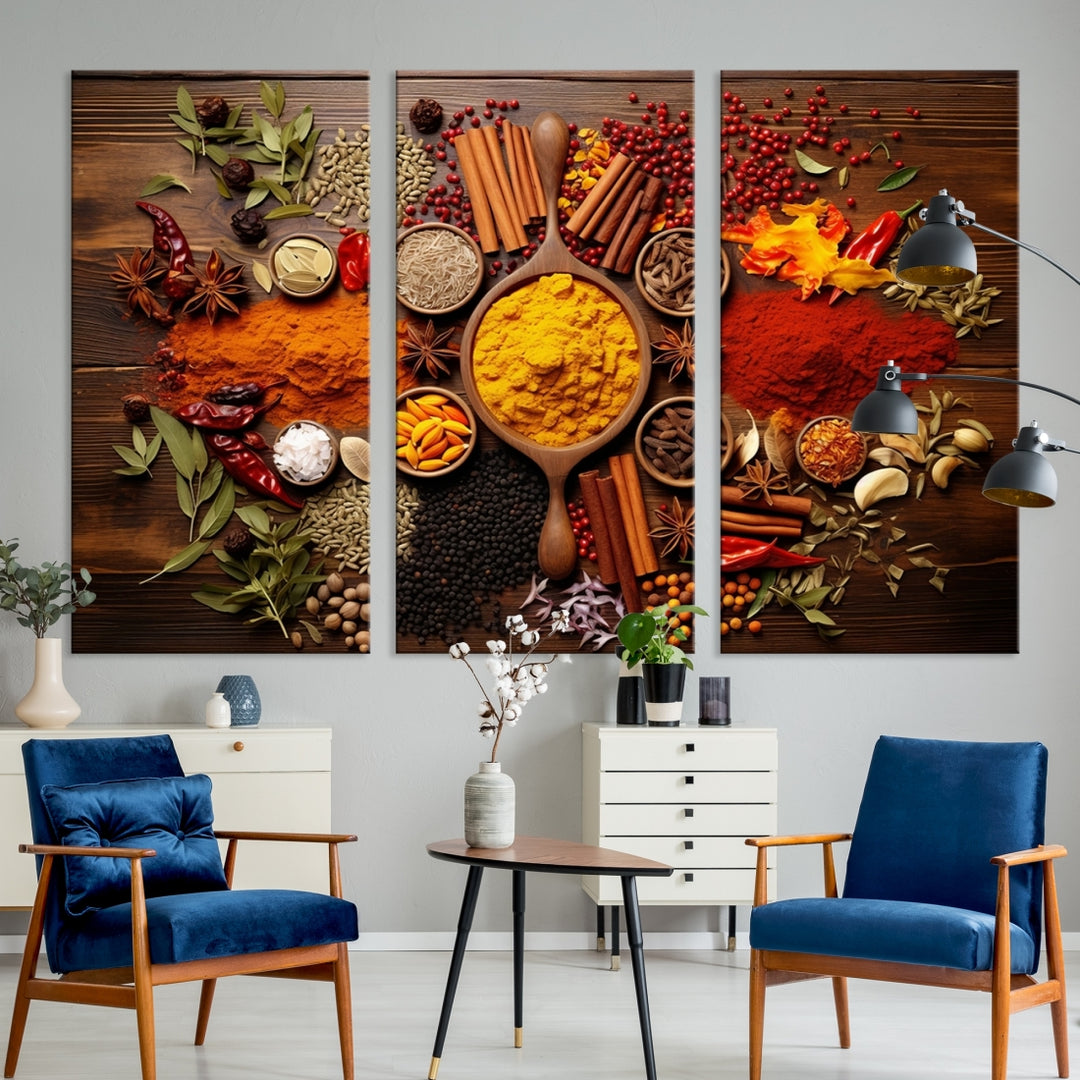 The wall art, an Abstract Spoonful of Spice Art Print triptych, is crafted on museum-quality canvas with a UV-protective coating, ensuring lasting brilliance. Ready to hang, it showcases an array of colorful spices and herbs.