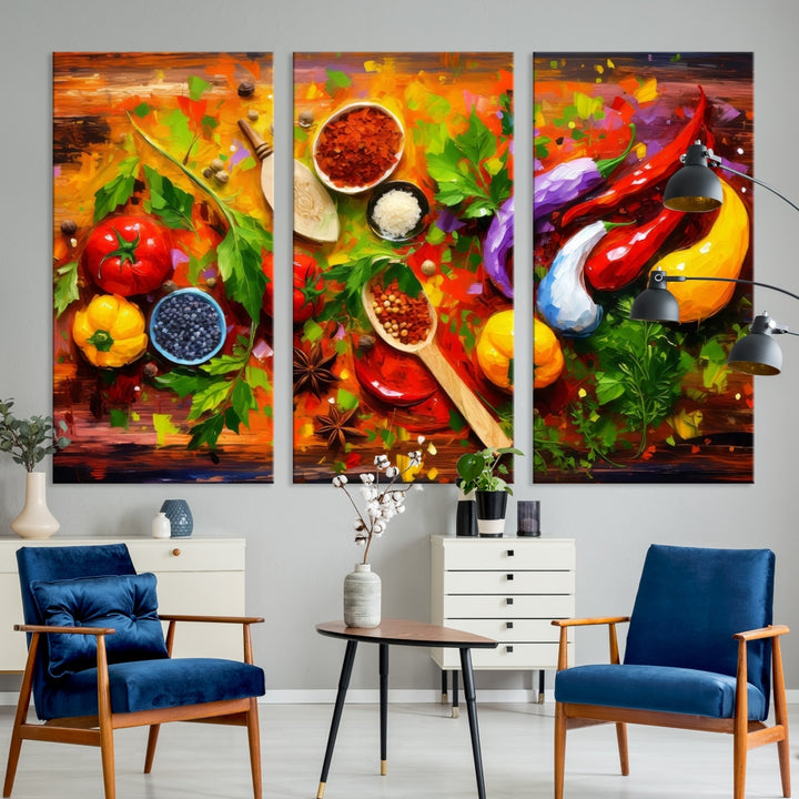 The "Herbs and Spices Culinary Art Foodie Kitchen Art" is a vibrant three-panel painting depicting various vegetables and spices on a wooden background, crafted on museum-quality canvas.