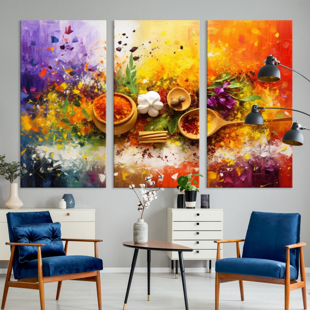 The Abstract Spoonful of Spice Art Print Kitchen Wall, featuring a colorful triptych design of spices and herbs on museum-quality canvas with a UV-protective coating, enhances the modern living room. It's ready to hang, adding a vibrant touch to the space.