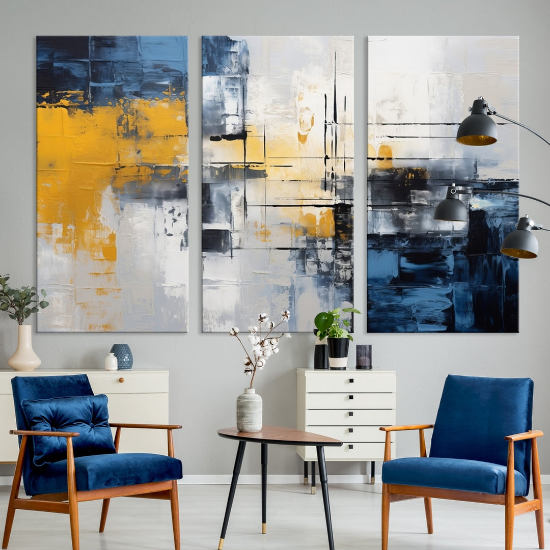 The Yellow Orange Blue Abstract Wall Art Print on gallery-wrapped, museum-quality canvases adds a vibrant touch to the room.