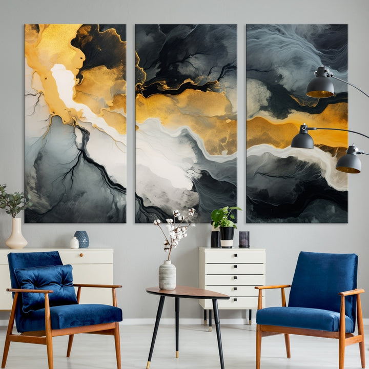 The Smoke Gray Green Golden Abstract Contemporary Art Canvas beautifully enhances a modern living room. Created on museum-quality canvas, this ready-to-hang artwork guarantees longevity and sophistication, perfectly aligning with the contemporary aesthetic.