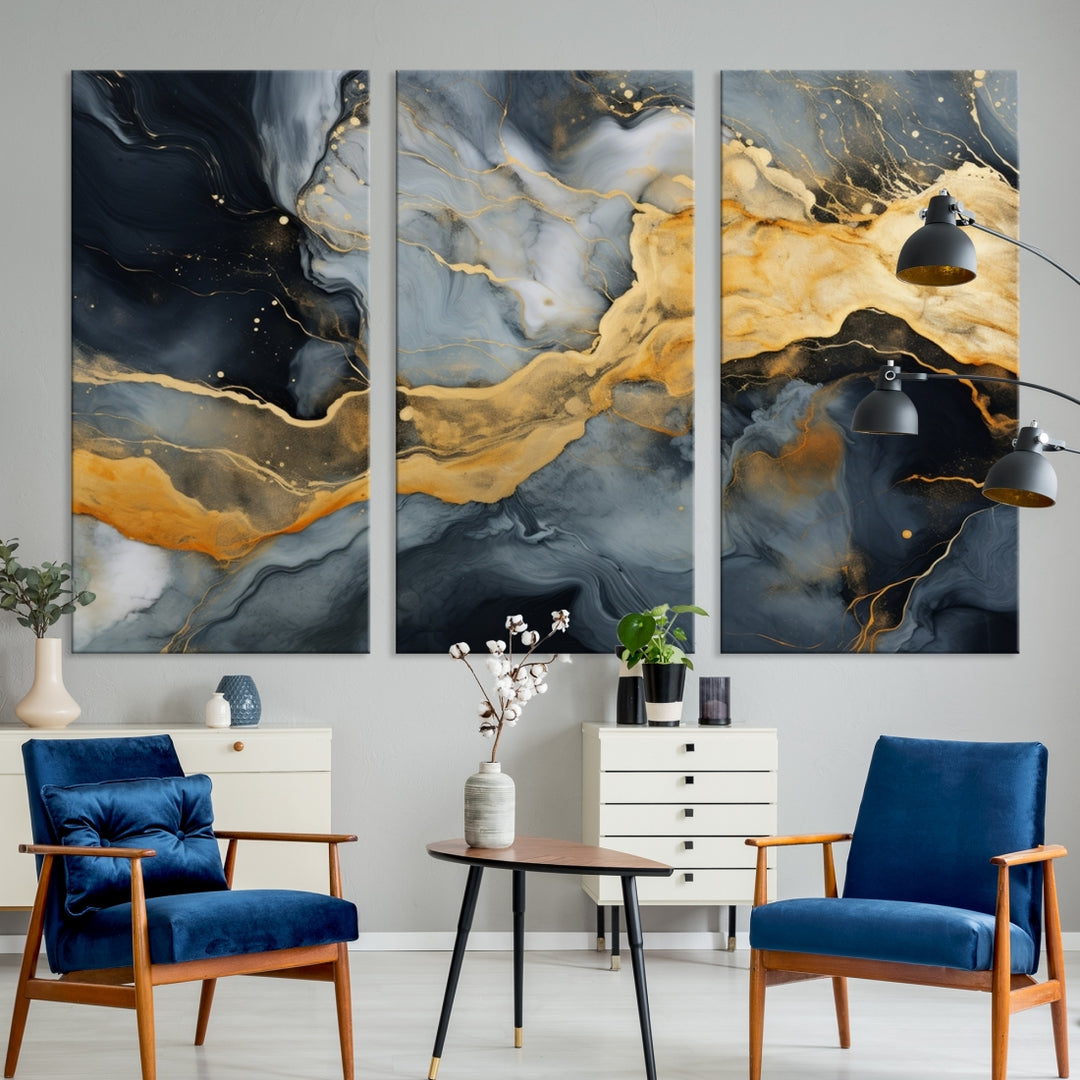 The living room features the Golden Gray Abstract Wall Art Print Contemporary Art Canvas Design, a triptych showcasing gold, black, and gray swirls. Crafted on museum-quality canvas and ready to hang, this piece is designed for elegance and durability.