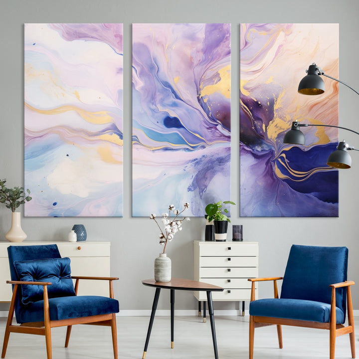 In the modern living room, a captivating Purple Color Abstract Wall Art Print graces the walls, mounted on museum-quality canvas, infusing the space with an artistic flair.