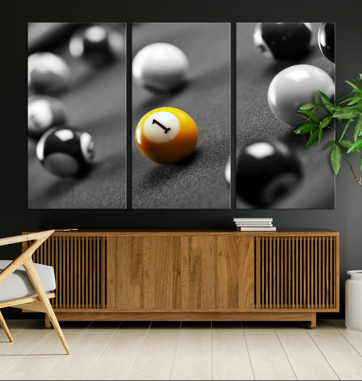 The Black and White Concept Billiard Balls Canvas Print elevates the space with museum-quality charm.