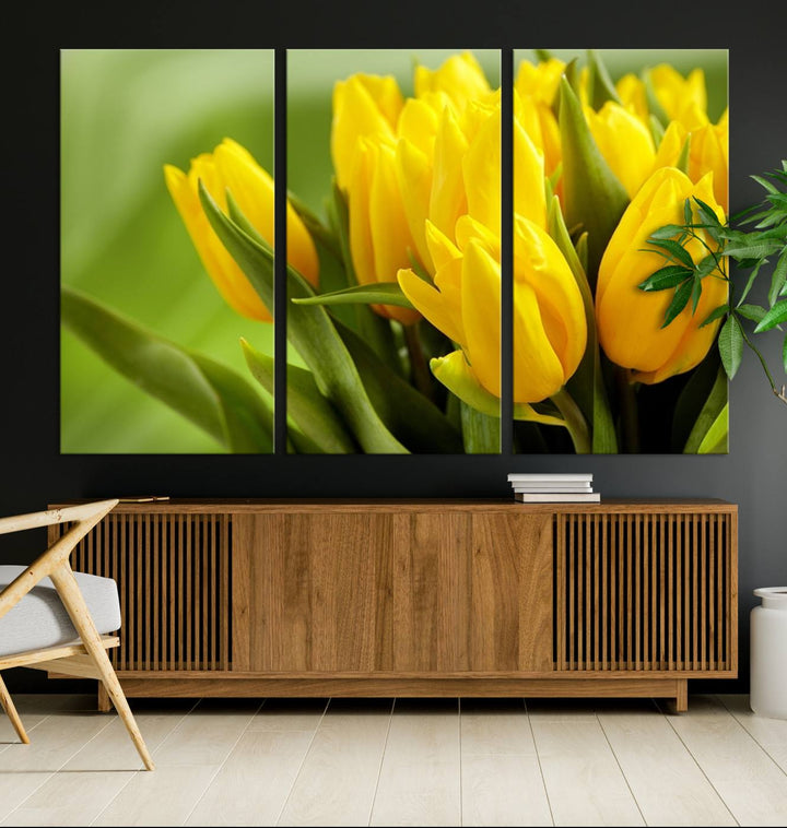 The Wall Art Yellow Tulips Canvas Print on a green background is featured.