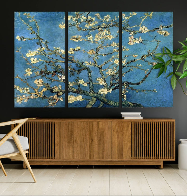 A Van Goghs Almond Blossom canvas print adds a touch of elegance to the wall.