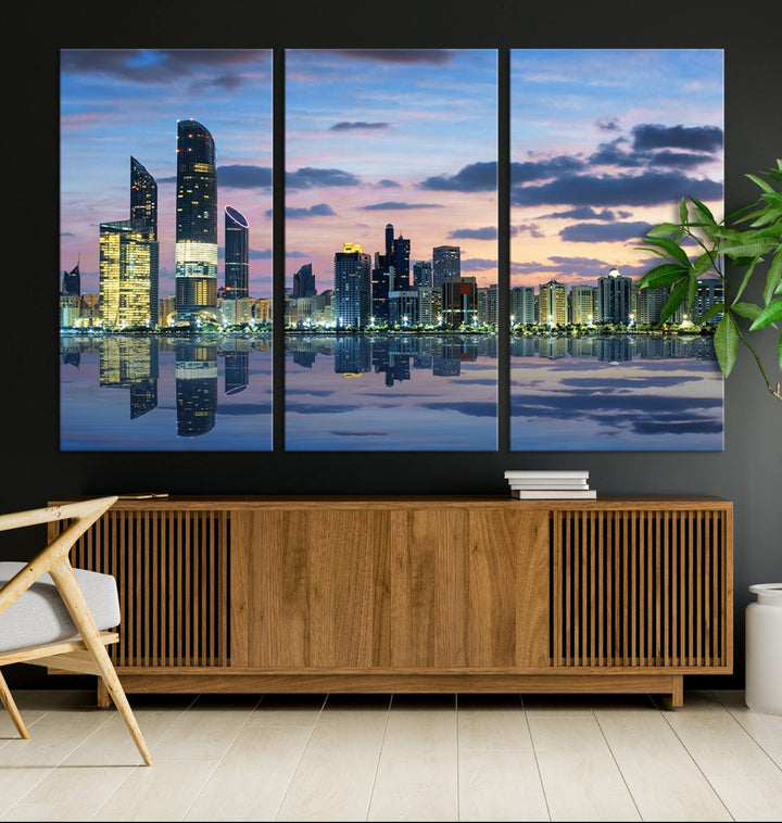 A gallery-quality wall art canvas print captures the Dubai city skyline with skyscrapers reflected in water at sunset.