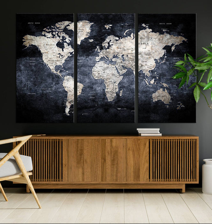 Rustic Black and Bronze World Map Canvas Triptych features white continents on a grunge-stained background.