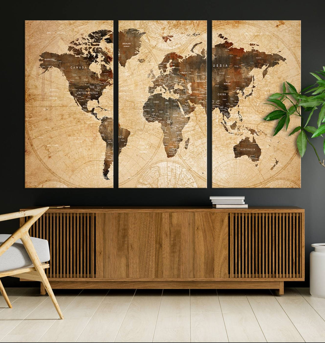Vintage World Map: 3-Panel Canvas Print in antique rustic style. Framed and gallery wrapped. Ideal for decor.