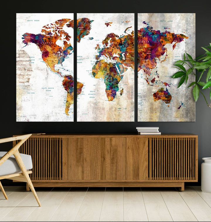 A vibrant Grunge Map Canvas Wall Art Set (3 Panels) for home or office decor, perfect for travel enthusiasts.