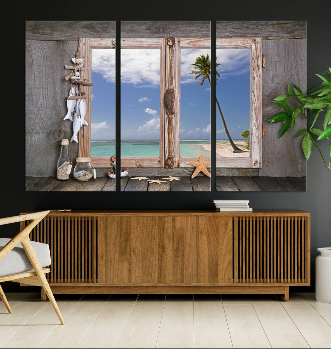 The Window Wall Art Relaxing Beach features seashells and a rustic window frame.