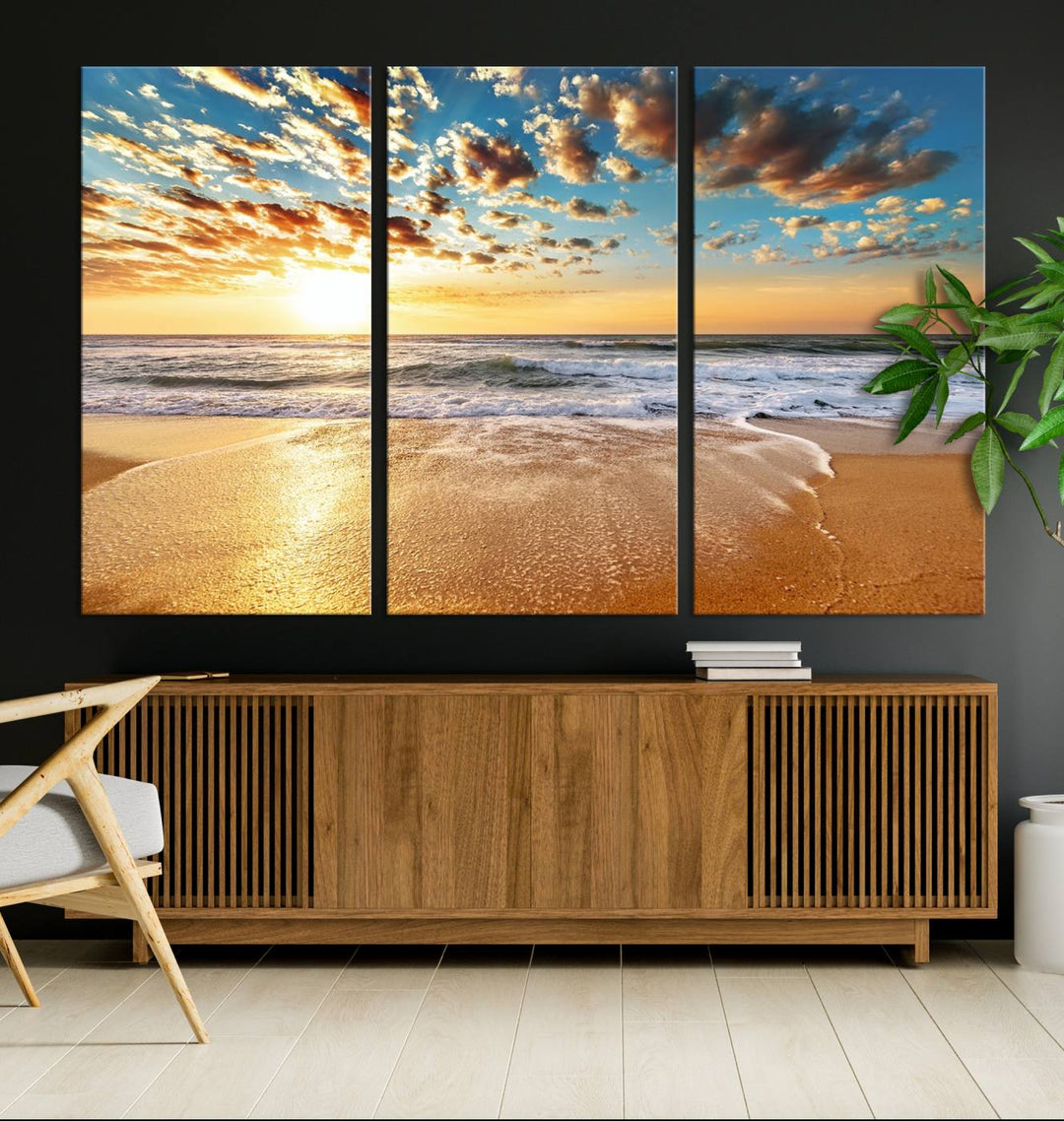 A gallery-wrapped canvas titled Soothing Sunset on Calm Beach is featured.