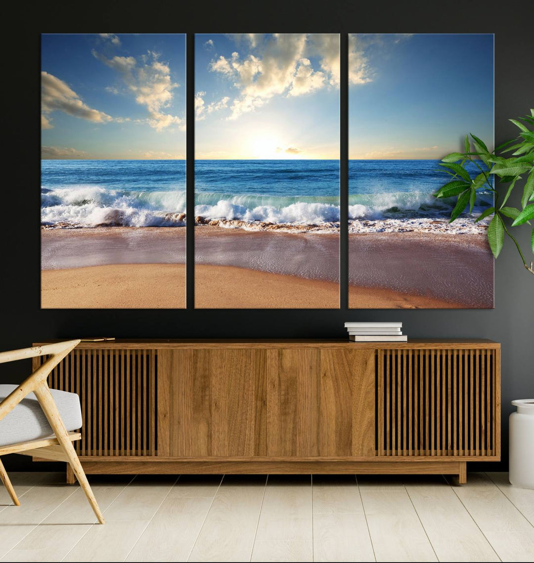 The dining room features a Coastal Tropical Beach Sunset canvas wall art.