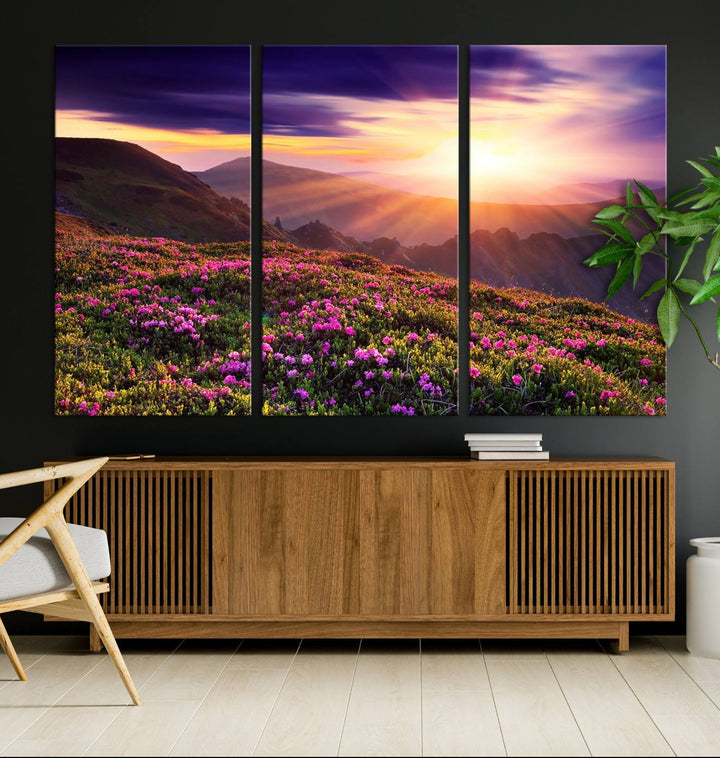 Gallery-wrapped wall art of a stunning mountain sunset and purple flowers.