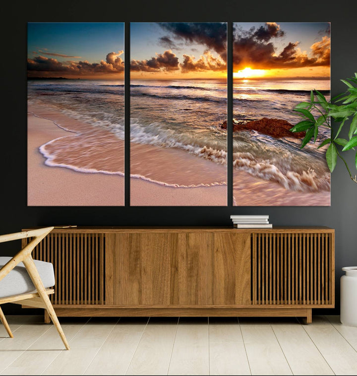 The Sunset on Ocean Wall Art Canvas Print beautifully captures a beach sunset, gentle waves, and a peaceful atmosphere.