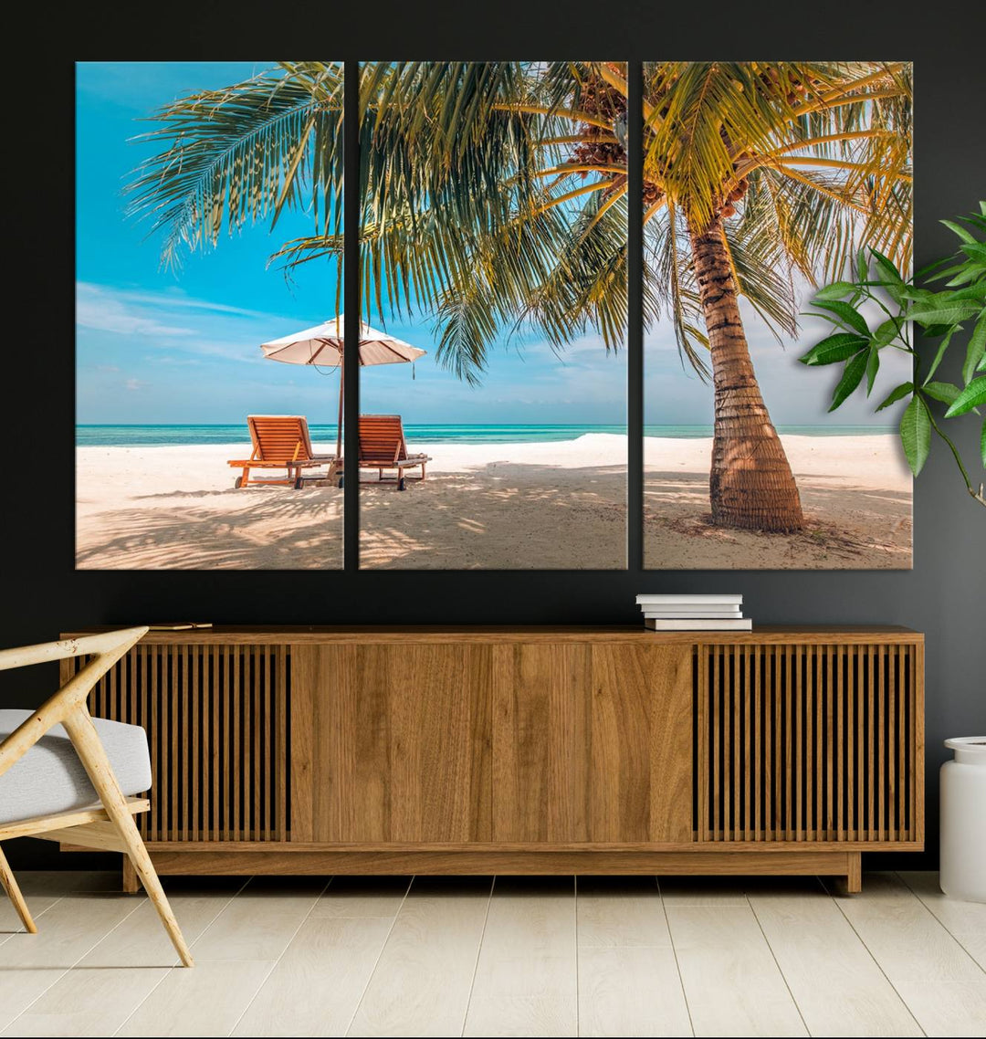 The 3-panel Tropical Beach Wall Art features palm trees and sun loungers, perfect for coastal decor.