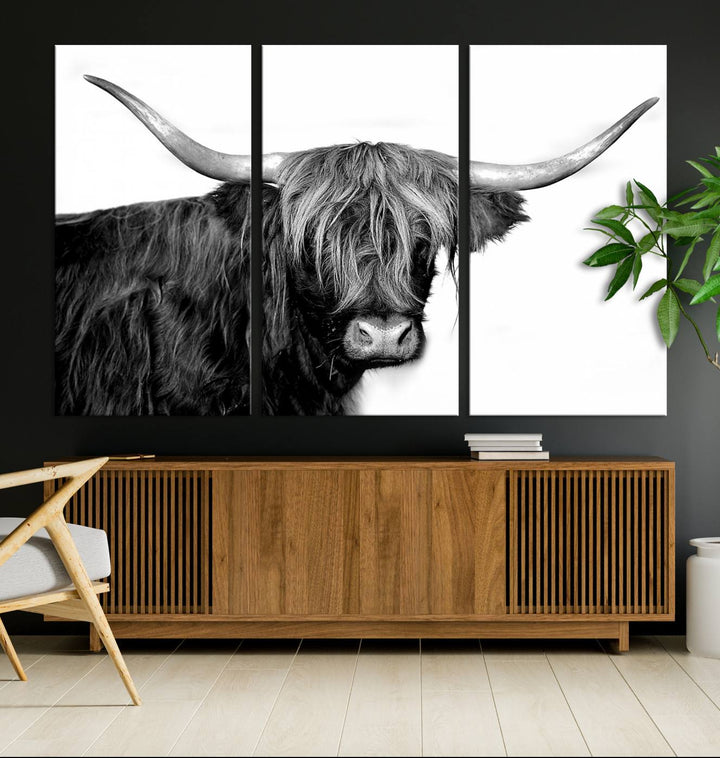 The Black and White Highland Cow Multi Panel Wall Art Canvas Print with UV-protection hangs prominently.