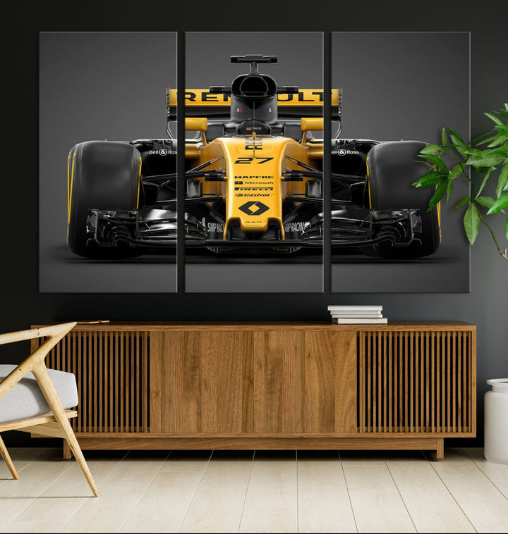 A yellow and black F1 Renault car canvas print with free shipping.