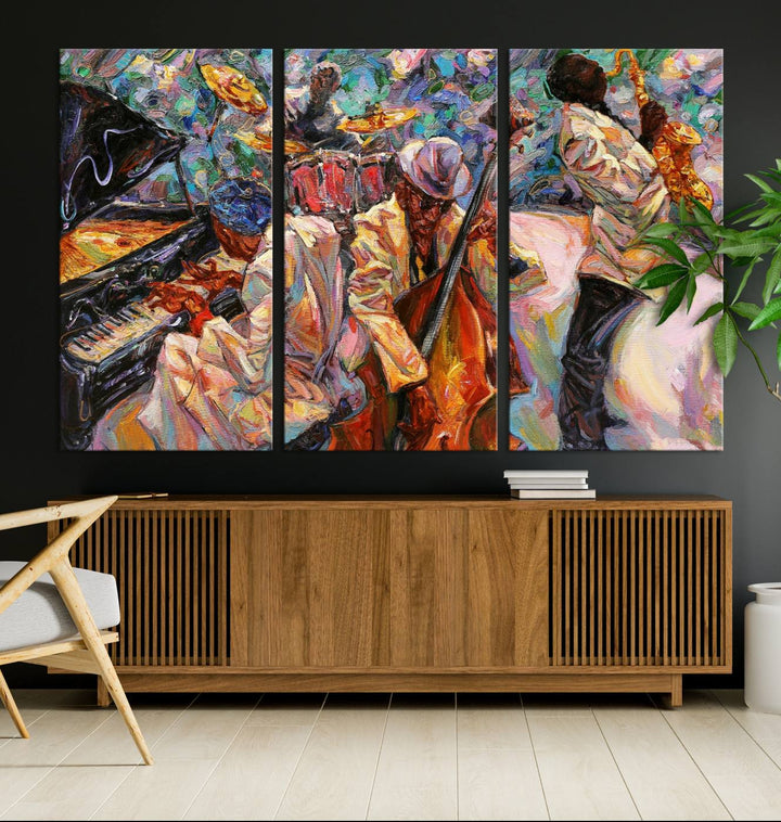 The wall features an African American Jazz Art Music Abstract Painting on Canvas.