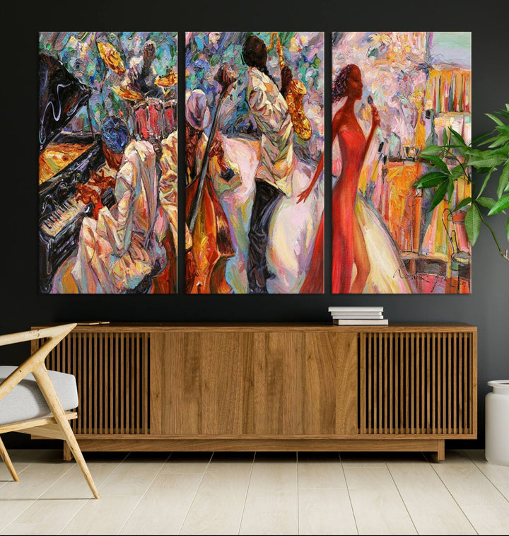 The Abstract Afro American Jazz Canvas captures a vibrant jazz band and showcases a woman dancing in red, making it perfect for dining or music spaces.