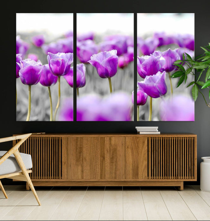 A gallery-wrapped Tulip Fields canvas wall art in a vivid purple hue.