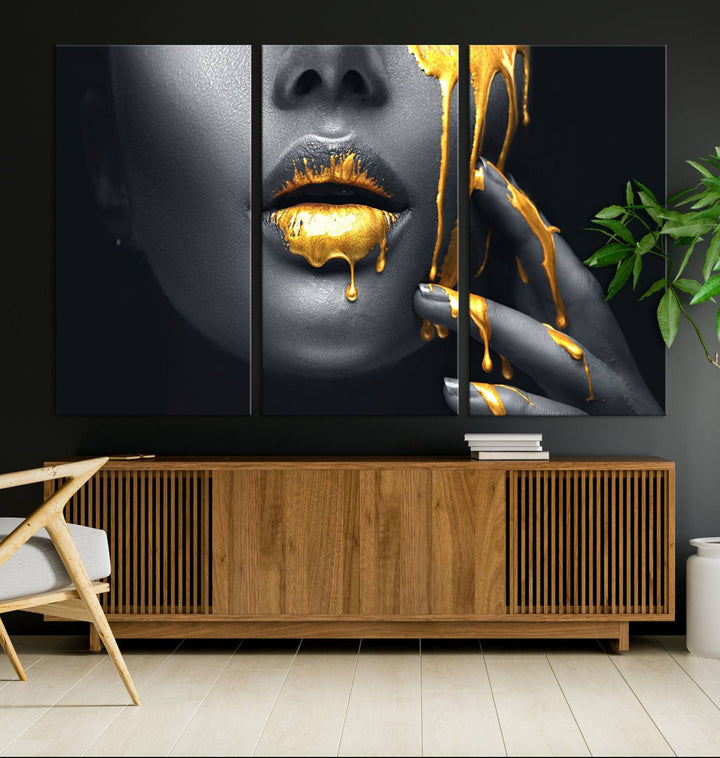 Above the dining area is the Gold Glitter Lips Fashion Makeup canvas wall art.