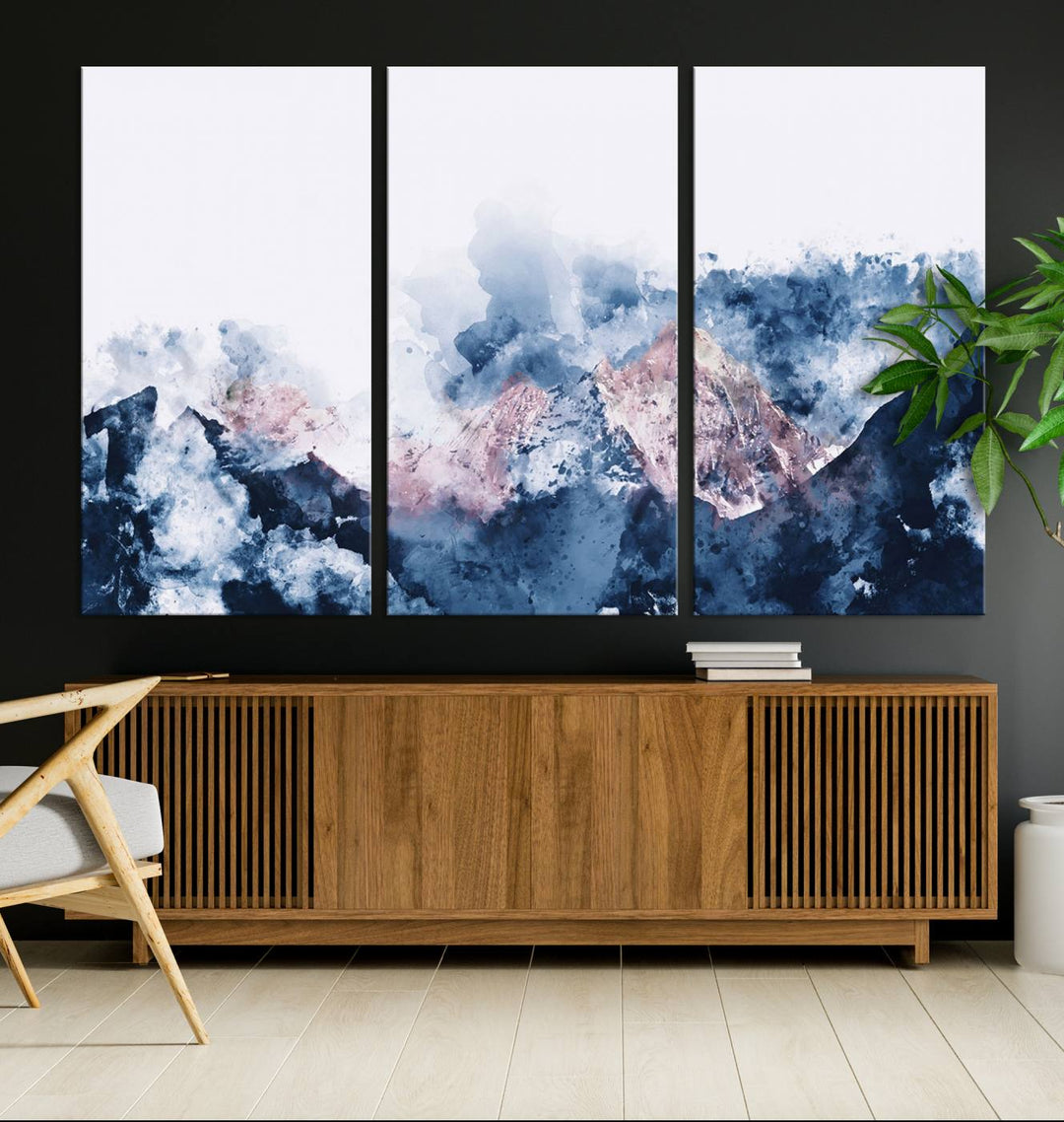 A modern kitchen showcases an Abstract Watercolor Mountain Landscape Art Canvas Print.