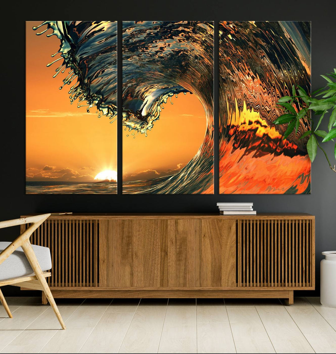 The Ocean Wave With Perfect Sunset canvas wall art adds a striking focal point to the room.