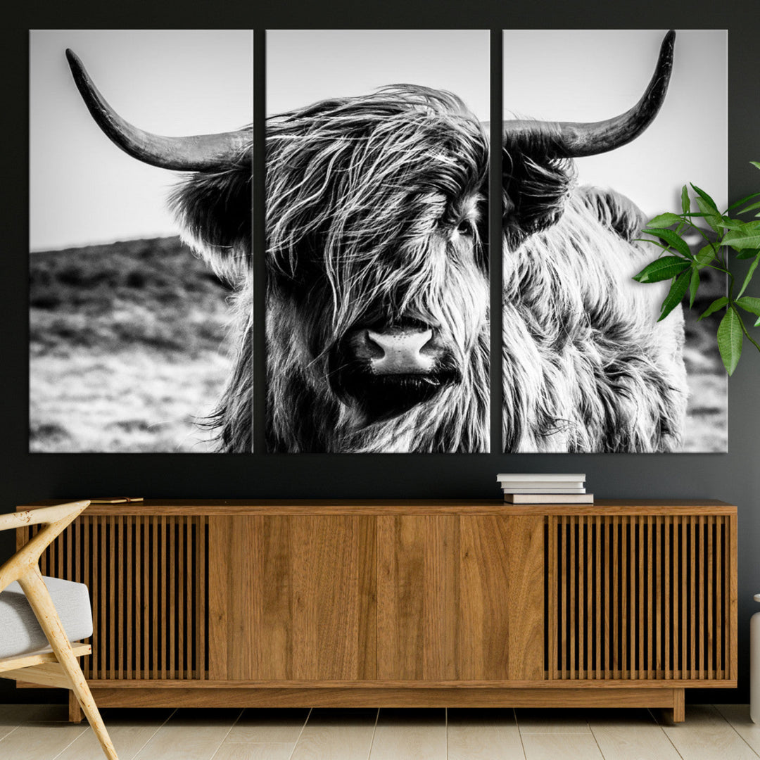 Highland Cow Wall Art | 3-Panel Black and White Highland Cow Canvas Print for Western Farmhouse Decor