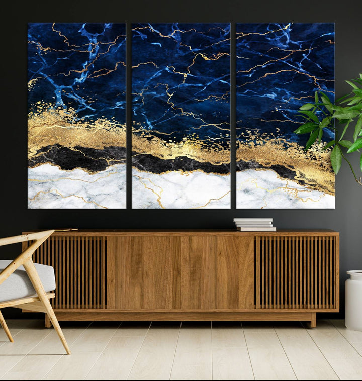 Navy Blue Marble Fluid Effect Canvas Wall Art, featuring a gold and white abstract design, adds a finishing touch to your modern kitchen decor.