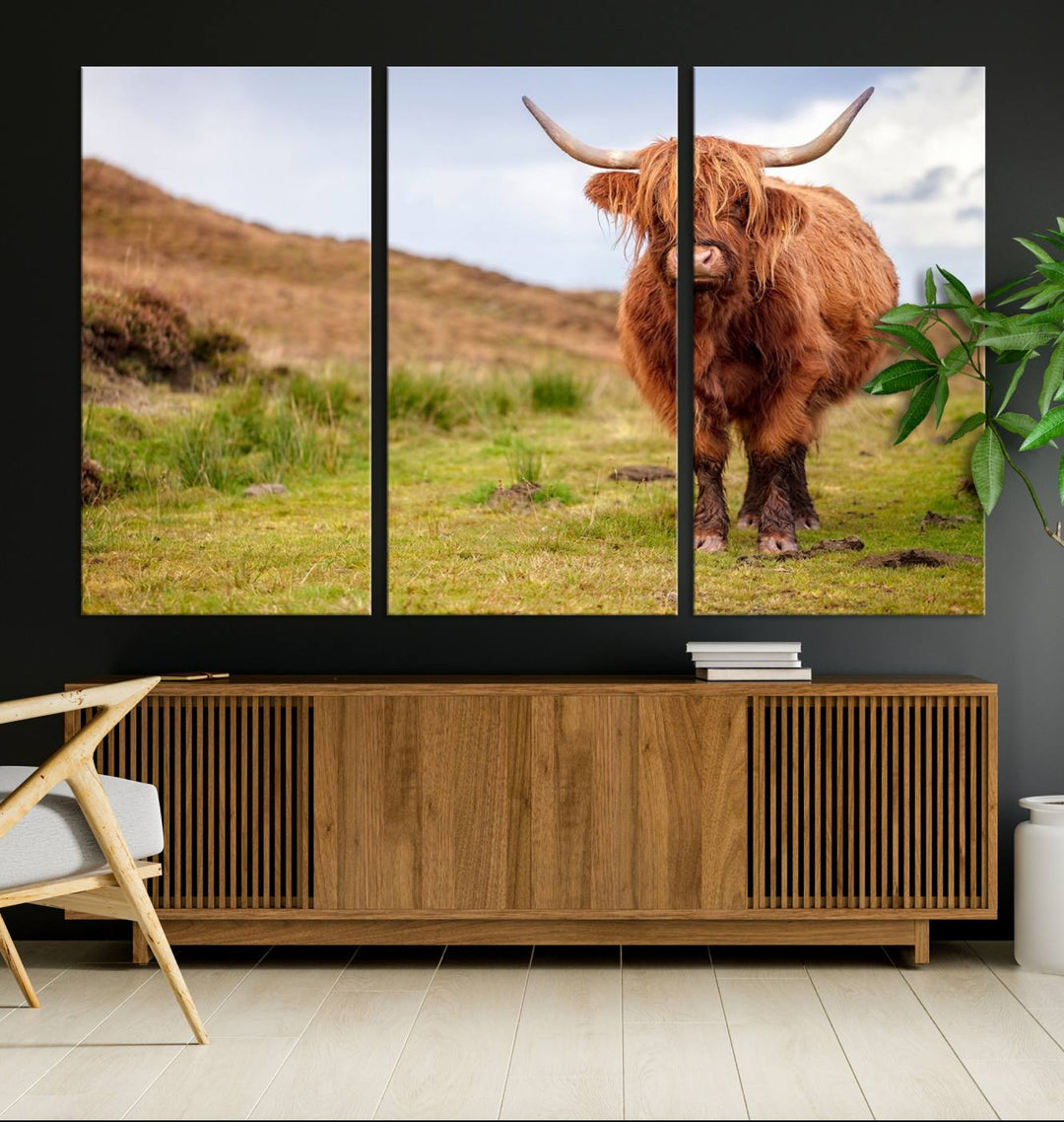 A Highland Cow Animal Canvas Wall Art hangs on the wall, adding warmth to the room.