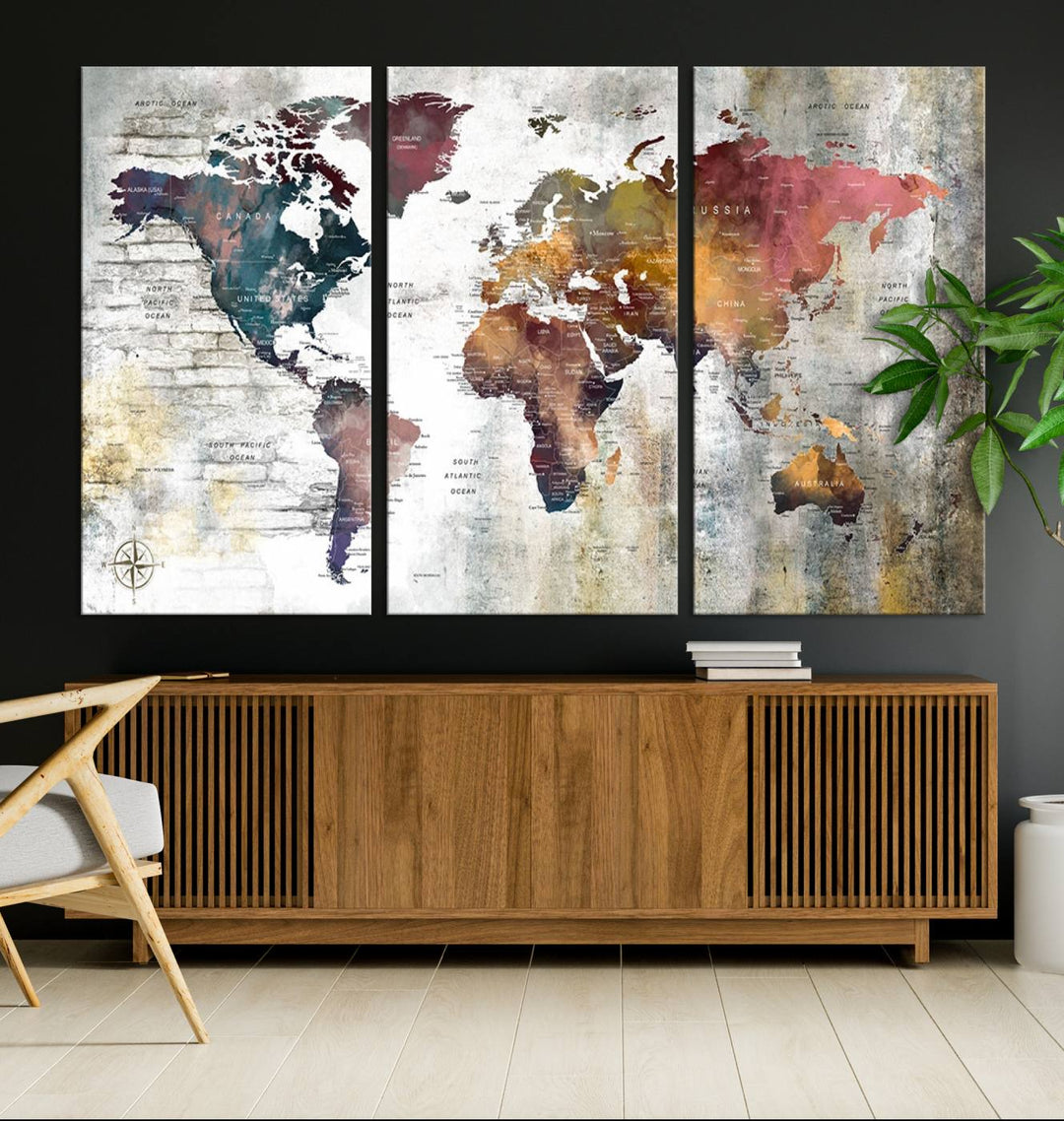 World Map Wall Art Triptych | 3-Panel Canvas Print Featuring Antique Style Map for Living Room, Office, Study, or Home Decor | Vintage Map Wall Art