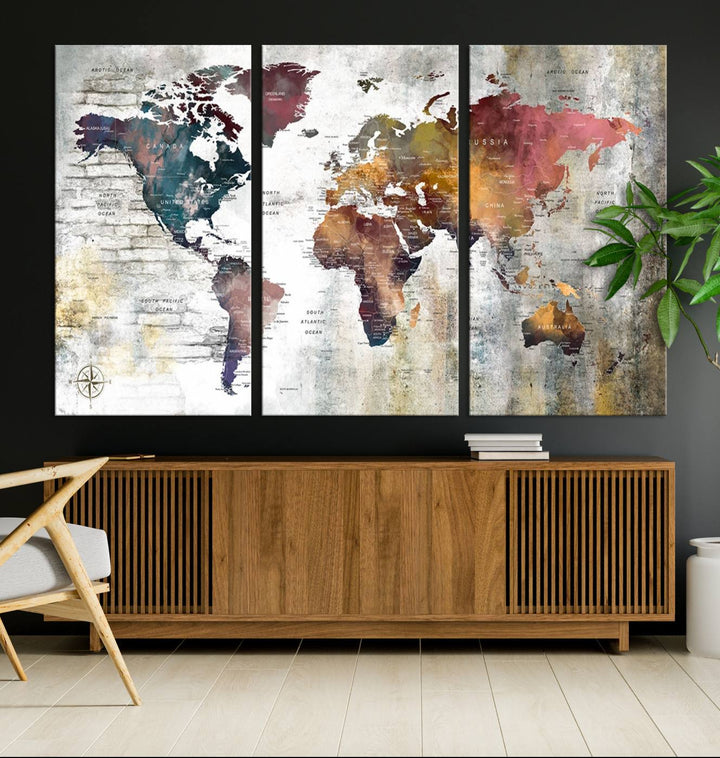 World Map Wall Art Triptych | 3-Panel Canvas Print Featuring Antique Style Map for Living Room, Office, Study, or Home Decor | Vintage Map Wall Art