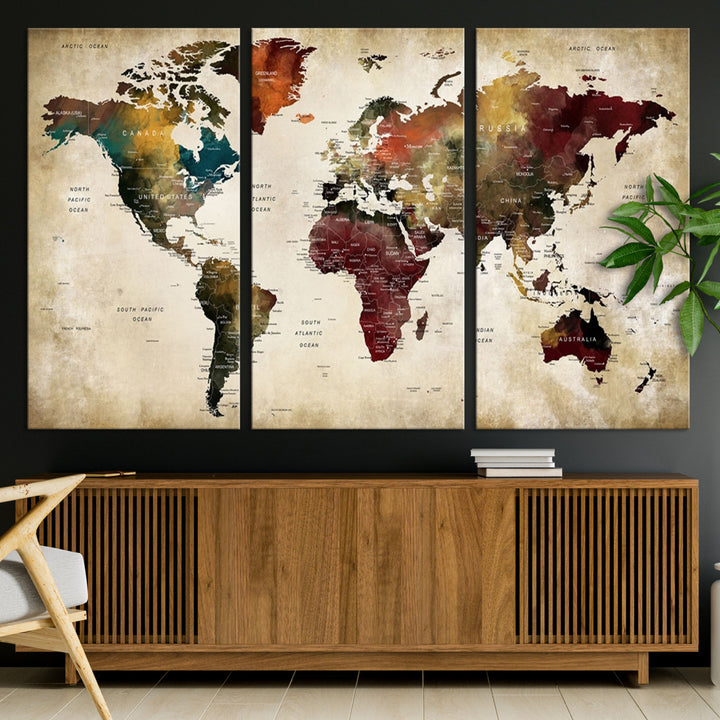 Large World Map Wall Art Canvas Print, Push Pin Map Print, Framed Abstract Traveller Map Art Print, Large Watercolor World Map Printing Perfect for Modern Decor