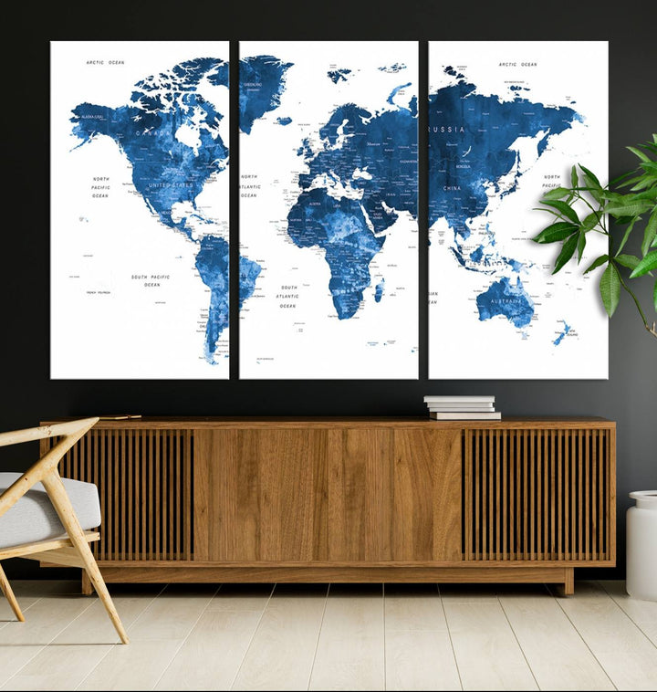 Navy Blue Wall Art World Map Canvas Print, an ideal piece for anyone seeking unique home or office decor.