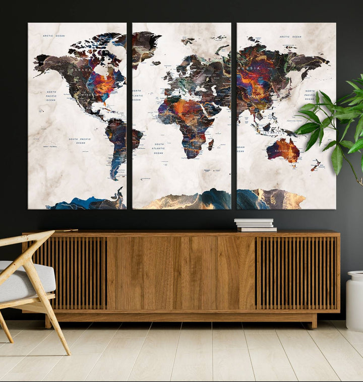 Watercolor World Map Canvas Print in earthy hues with a grunge background, ideal for wall decor.