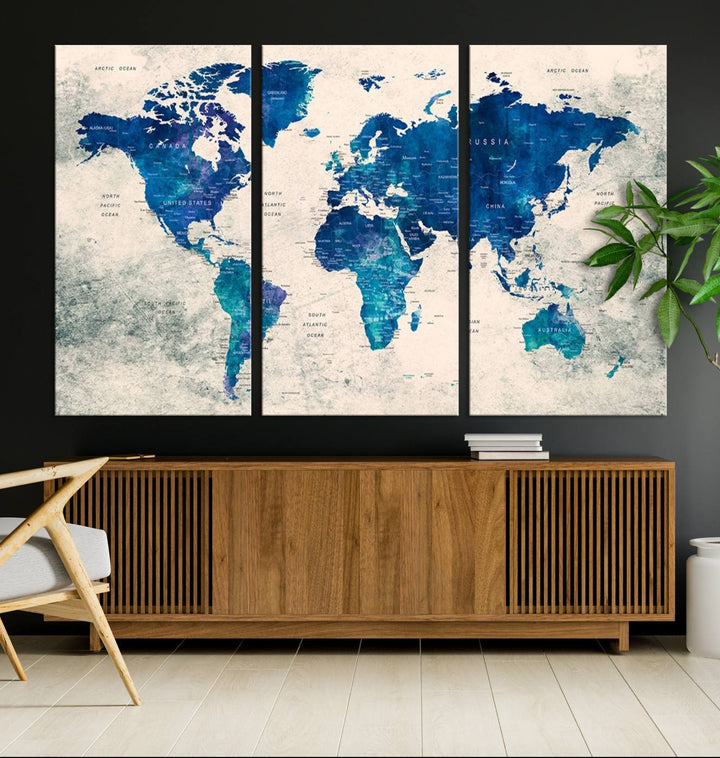 Navy Blue Push Pin World Map Canvas Print featuring a grunge-stained background, with labeled countries and oceans.