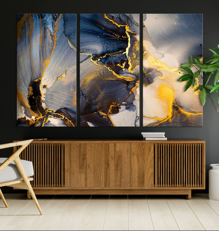 Large Abstract Wall Art Print - Gold and Blue Abstract Canvas Wall Art | Fluid Ink Modern Luxury Wall Decor for Living Room Decor