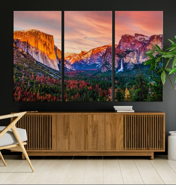 An El Capitan Yosemite Canvas showcasing a sunset over a mountain valley.