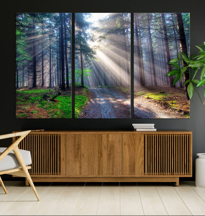 The dining area features a 3-panel Forest Path Canvas showcasing sun rays filtering through a misty forest.