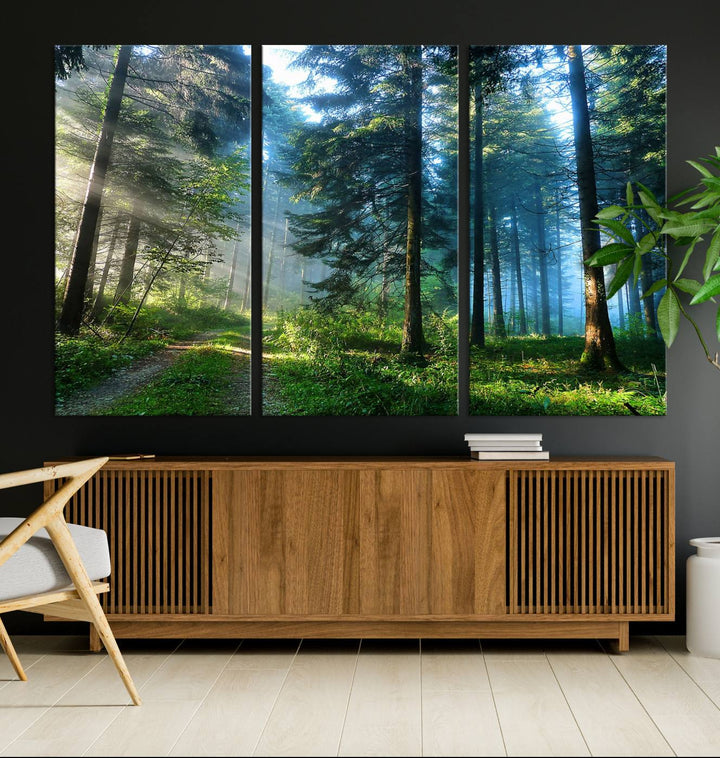 Enhancing the space is the Forest Sun Shine wall art canvas print, showcasing a serene forest scene.