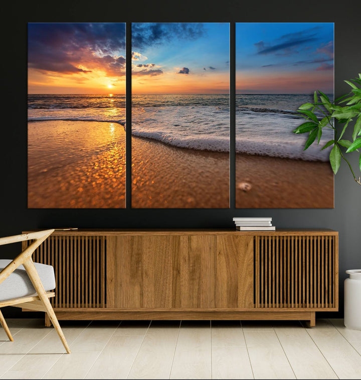 The Golden Sunset Beach Waves Triptych adds a modern coastal touch with its stunning seascape.