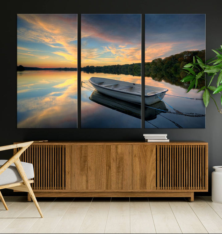 Serene Rowboat on Calm Lake Triptych Canvas Art, Giclee Wall Art of Peaceful Sunset Reflections, Tranquil Landscape Wall Art for Home or Office